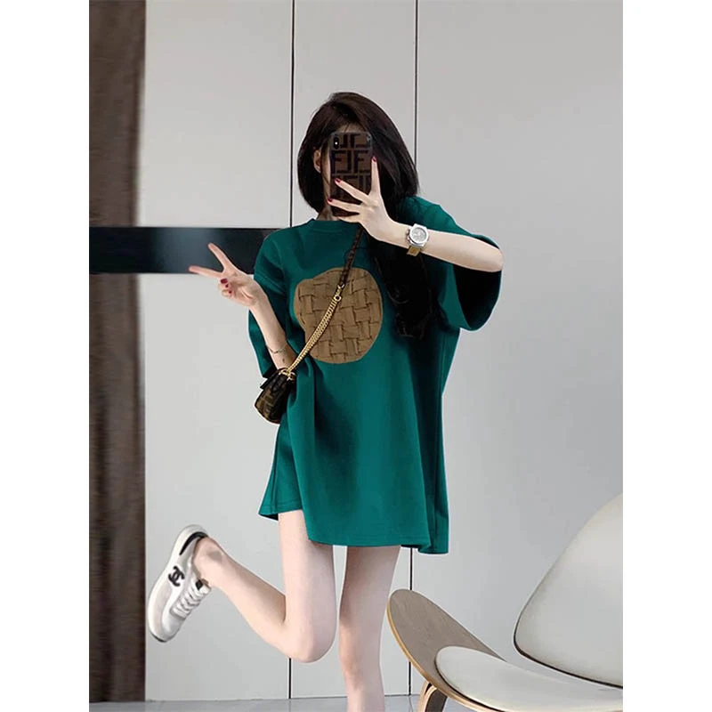 100%纯棉墨绿色短袖女t恤夏季大码200斤宽松中长款遮屁股潮牌上衣