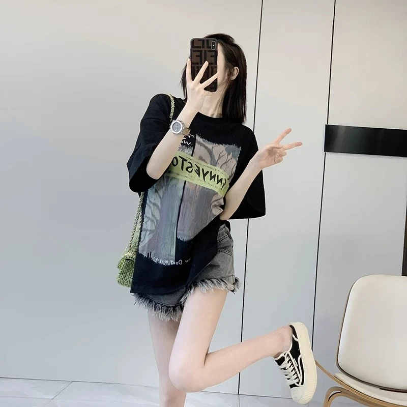 爆款宽松短袖t恤女2025新款纯棉欧货大版洋气潮牌小众百搭中长款