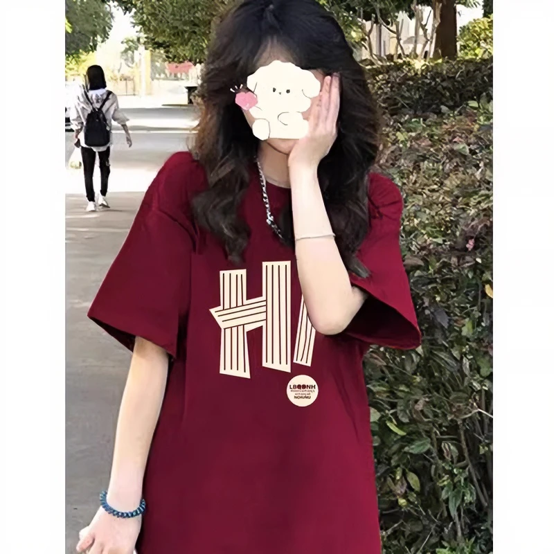 酒红色打底衫短袖t恤女纯棉2024年新款夏季宽松设计感小众潮上衣