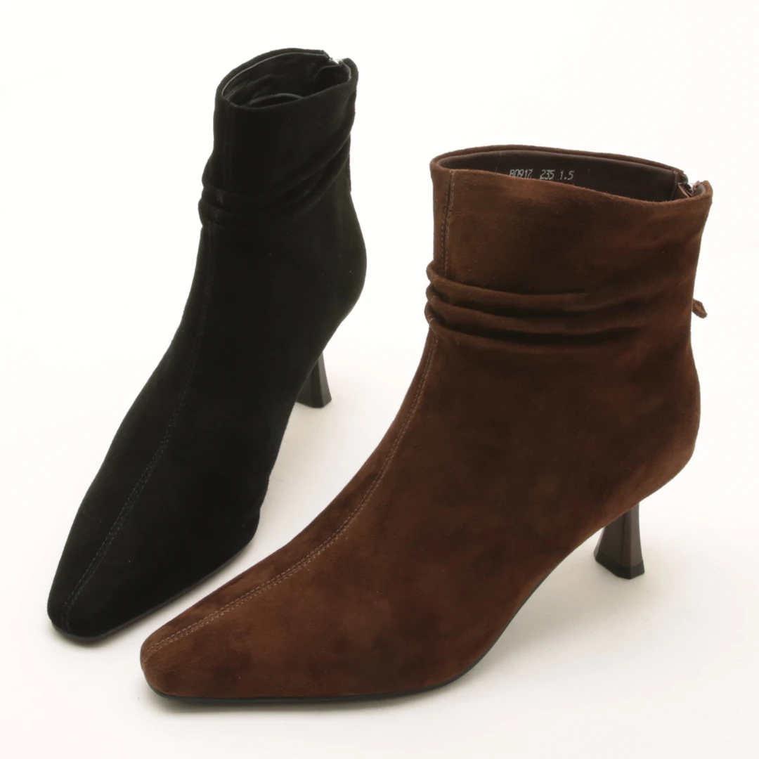 5393秋冬新款细跟真皮短靴高跟瘦瘦靴气质时尚堆堆靴百搭女鞋