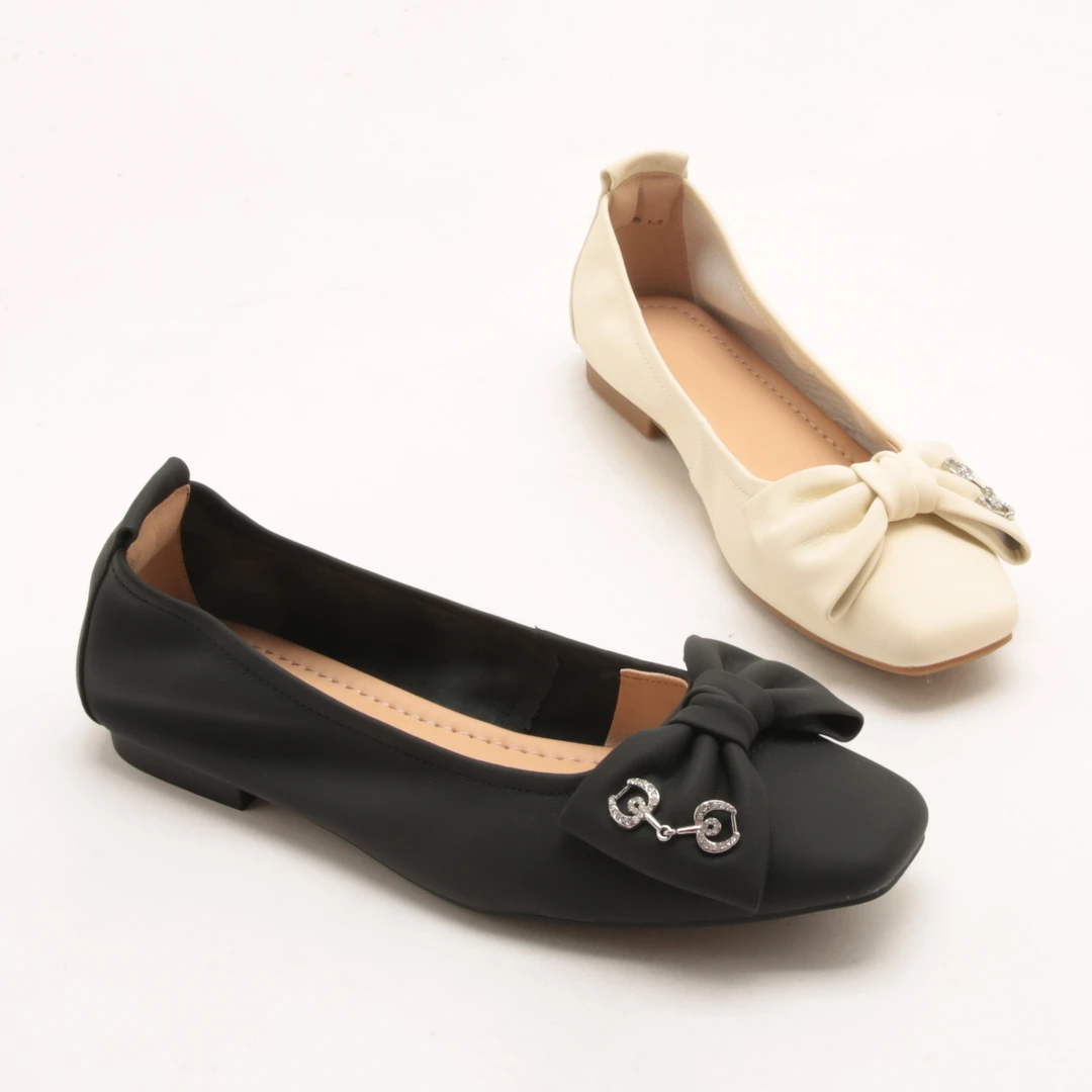 春秋新款方头蝴蝶结舒适软底单鞋女士低跟浅口豆豆蛋卷鞋981