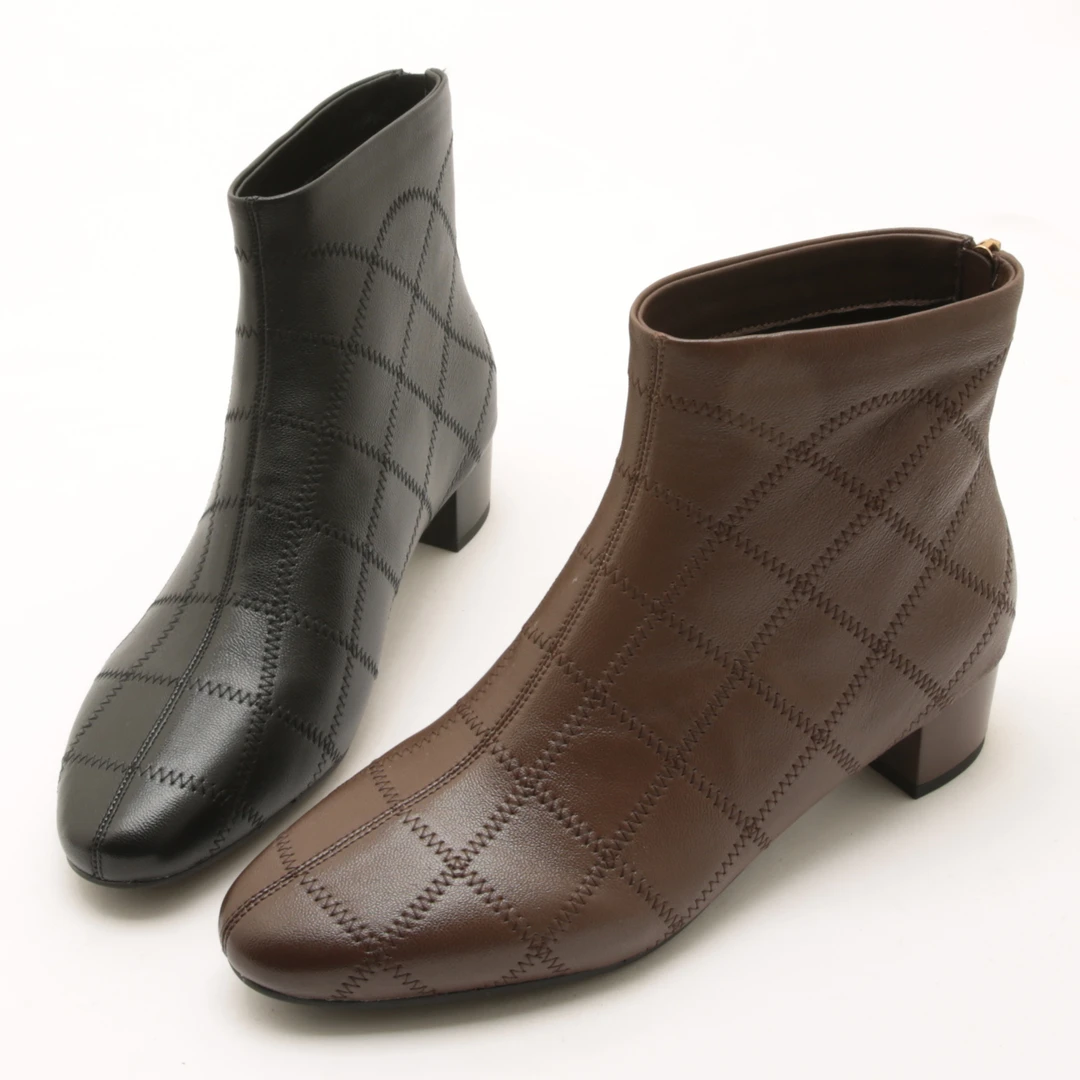 5398秋冬新款圆头粗跟单靴子女菱格时尚后拉链百搭瘦瘦靴