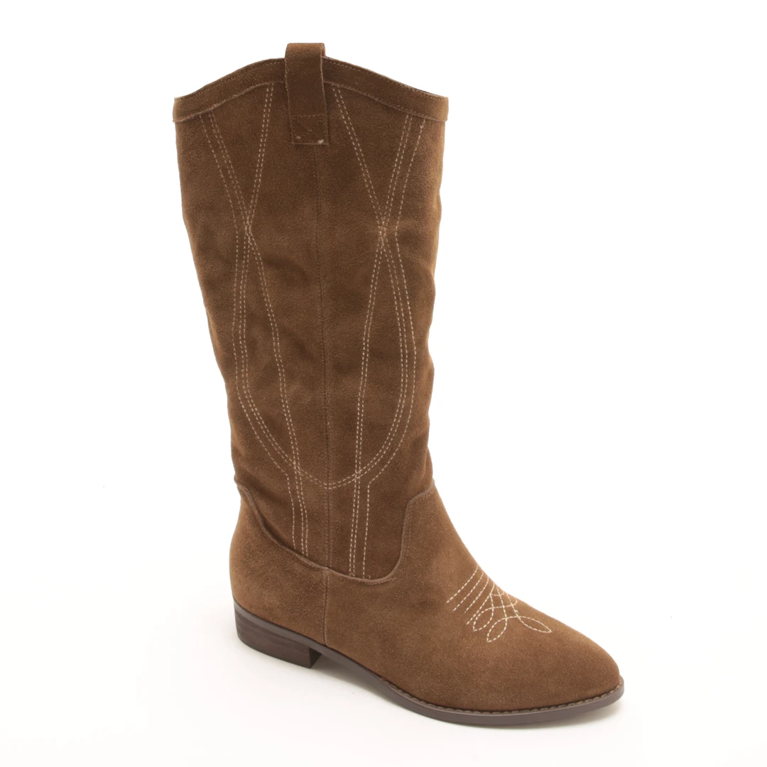 5180冬季新款磨砂真皮女鞋西部牛仔靴刺绣中筒骑士靴女尖头粗跟靴