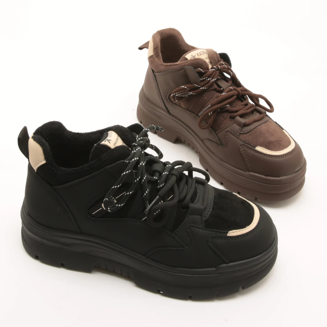 5437冬季新款系带厚底休闲鞋女加绒增高拼接运动老爹棉鞋