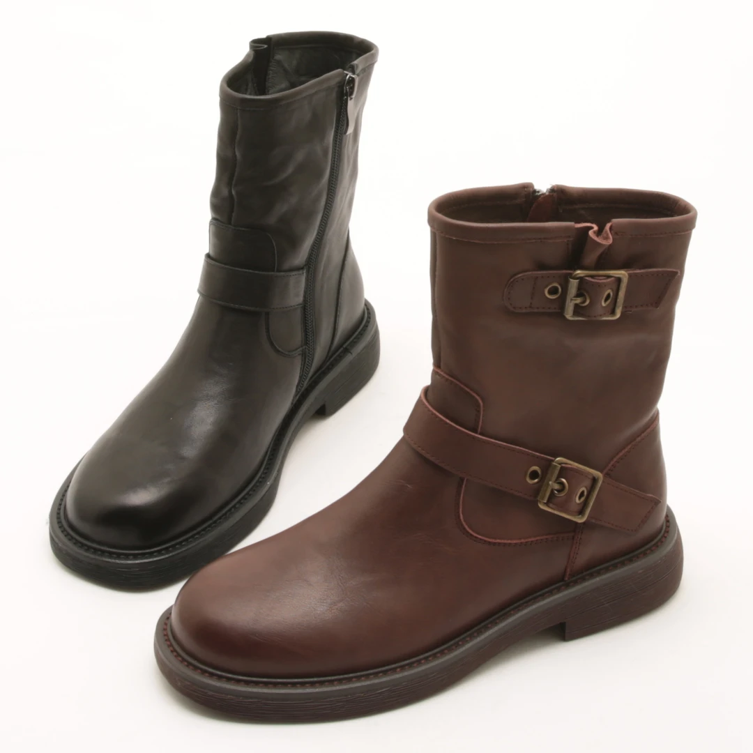 5290秋冬新款真皮低跟短靴复古单靴英伦风百搭小厚底机车靴女鞋