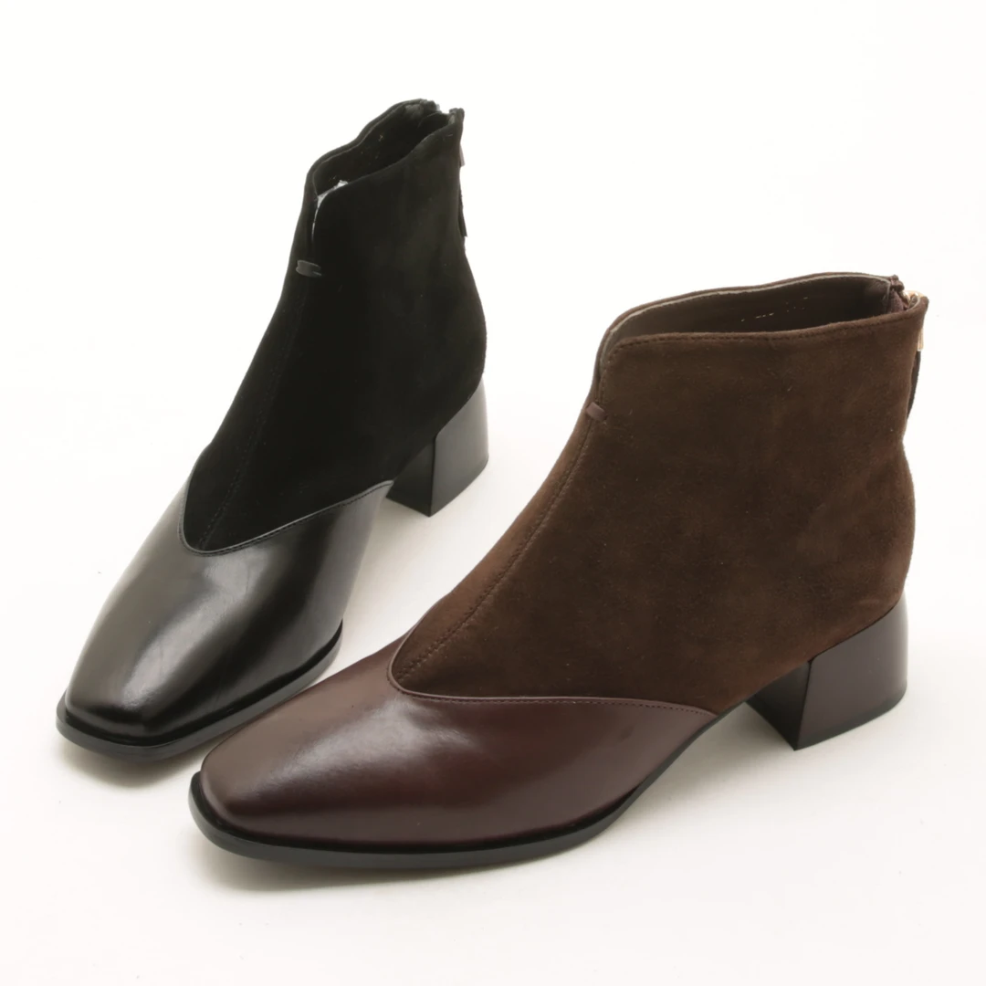 5492冬季新气质方头真皮拼接短靴女后拉链百搭粗跟瘦瘦棉靴