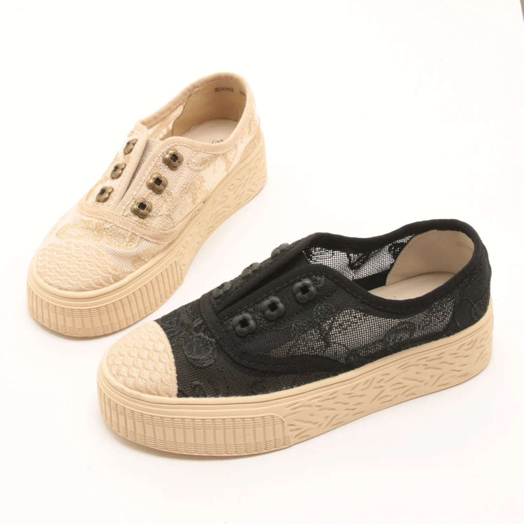 4092春夏新款渔夫鞋女松紧一脚蹬复古蕾丝网纱透气平底厚底休闲鞋