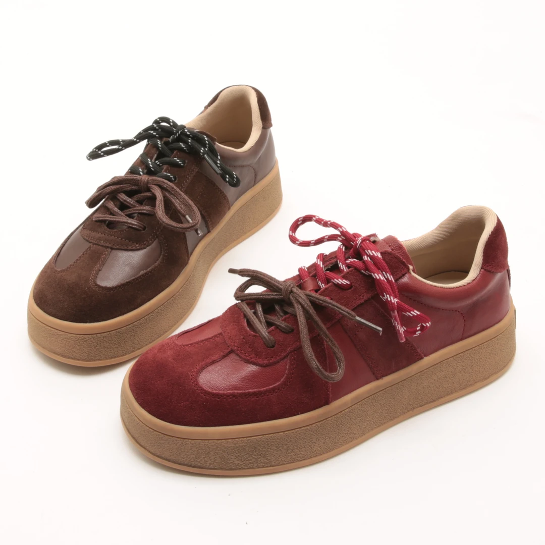 5241秋季新款磨砂真皮厚底做旧系带德训鞋女百搭轻便休闲运动板鞋