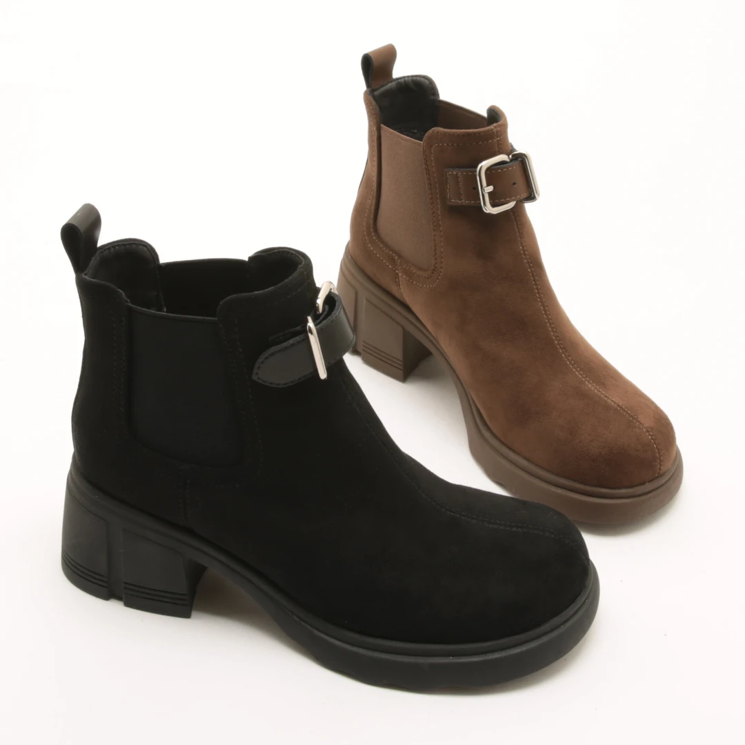 5245冬季新款圆头加绒粗跟切尔西鞋女厚底松紧一脚蹬烟筒短靴