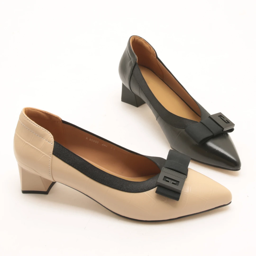 4052夏秋新款尖头松紧浅口粗跟蝴蝶结单鞋低跟小香风百搭工作鞋