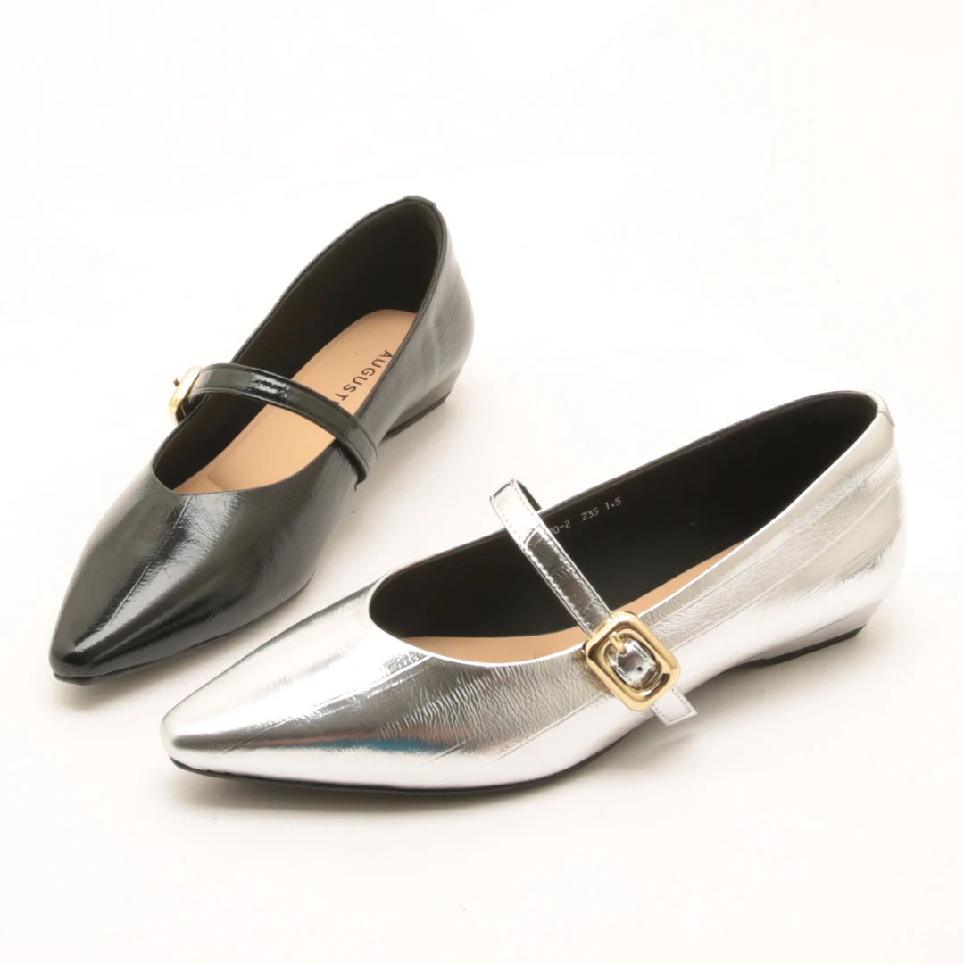 4643秋季新款低跟真皮单鞋百搭粗跟银色玛丽珍鞋软底女鞋