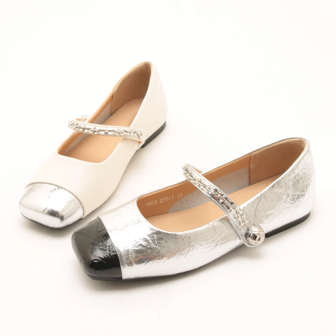 4174夏秋新款方头平底魔术贴玛丽珍鞋链条一字带配裙子气质单鞋