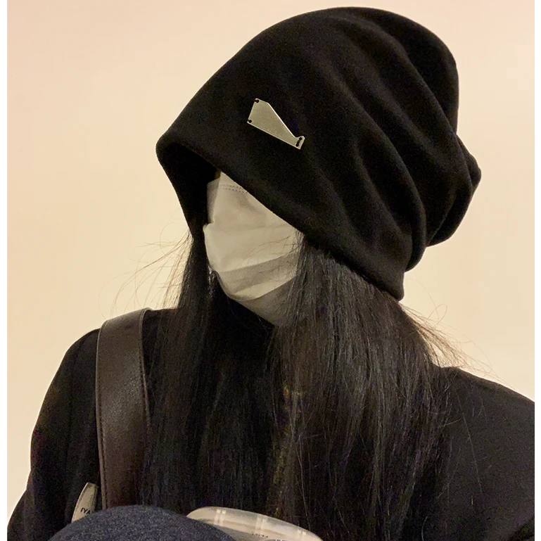 美式慵懒风黑色堆堆帽女秋冬时尚套头月子帽大头围显脸小包头帽子