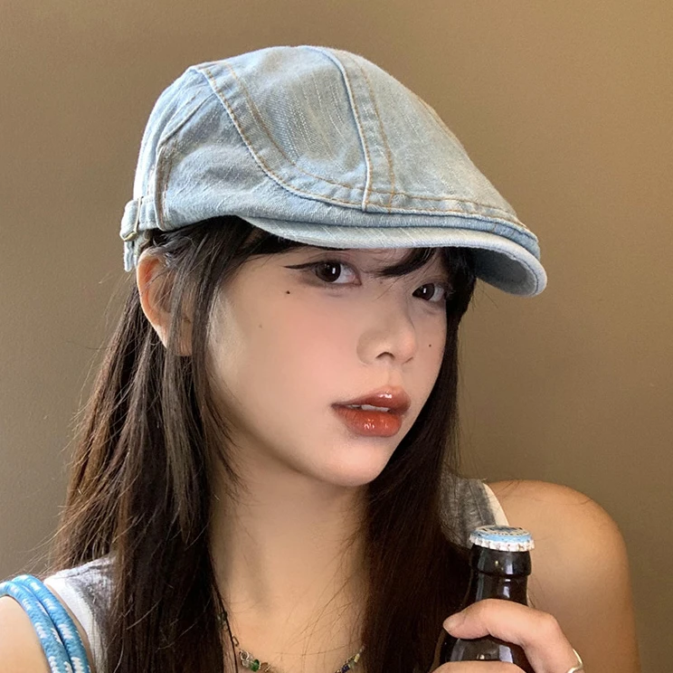水洗牛仔前进帽女春夏款日系复古显脸小贝雷帽反戴大头围画家帽子