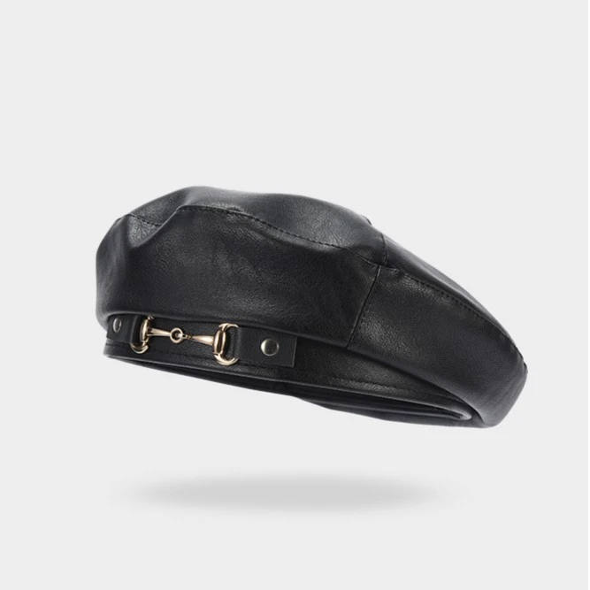 PU皮质贝雷帽女秋冬款韩版百搭金属扣蓓蕾帽子适合圆脸大头显脸小