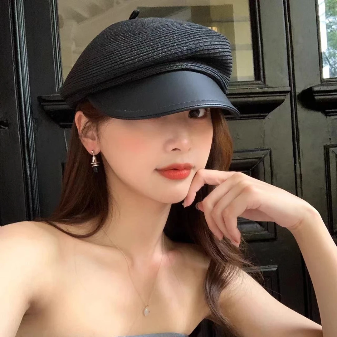 日本款大头皮沿斜顶草编防晒马术帽女夏季英伦复古鸭舌贝雷帽草帽