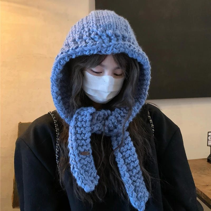 韩国新款手工粗棒针毛线帽女保暖含羊毛护耳巴拉克拉法帽潮显脸小