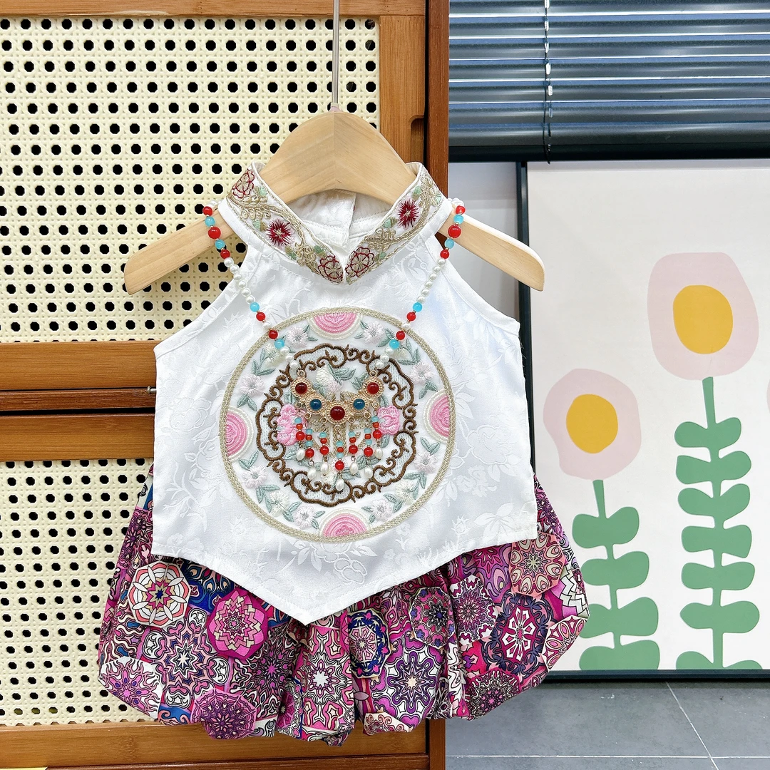 23618儿童夏季民族风重工绣花网红复古国风套装中国风碎花二件装