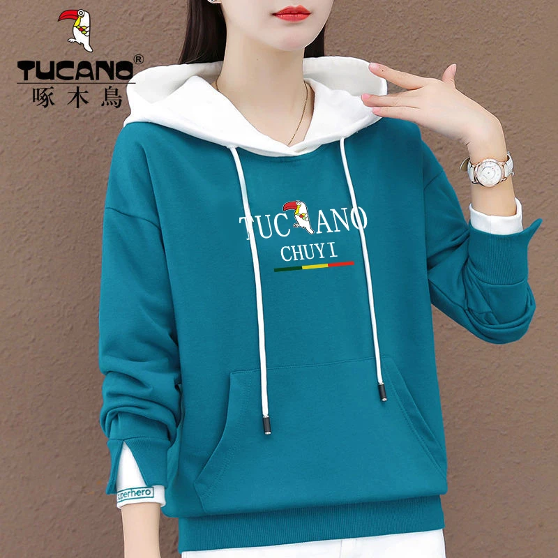 啄木鸟长袖T恤打底衫女秋冬2023新款双罗纹印花宽松百搭休闲上衣