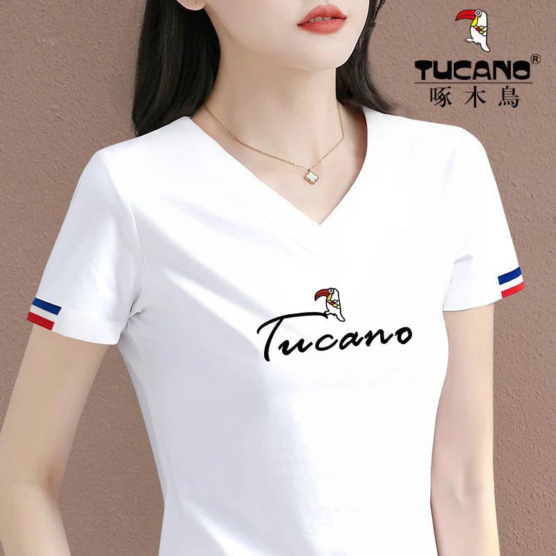 啄木鸟官方正品小罗纹V领2024年新款显瘦修身短袖百搭上衣夏季