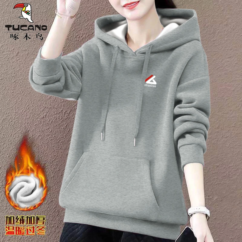 加绒 啄木鸟正品新款休闲女装2023年秋冬季字母印花百搭连帽卫衣