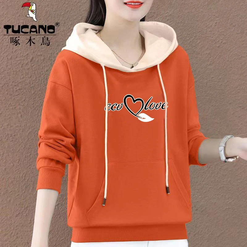 薄款/加绒 啄木鸟2023年秋冬季宽松新款拼色连帽卫衣休闲百搭上衣