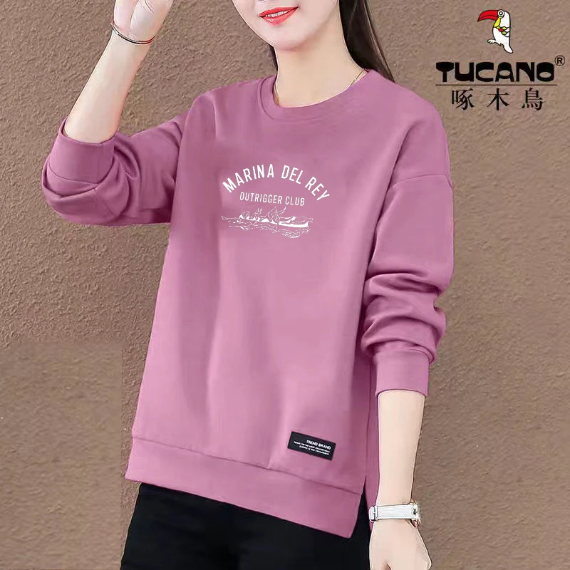 薄款/加绒 啄木鸟休闲新款2023年秋冬季时尚百搭长袖圆领开叉卫衣