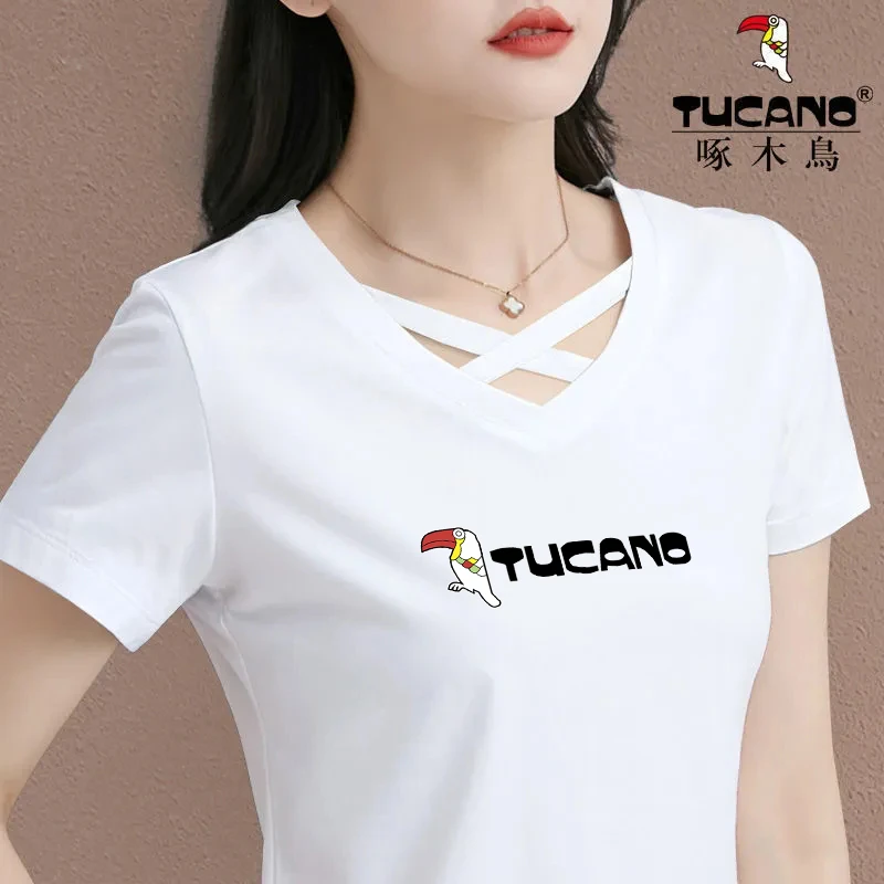 啄木鸟正品修身显瘦新款2024夏时尚百搭印花纯棉短袖V领镂空上衣
