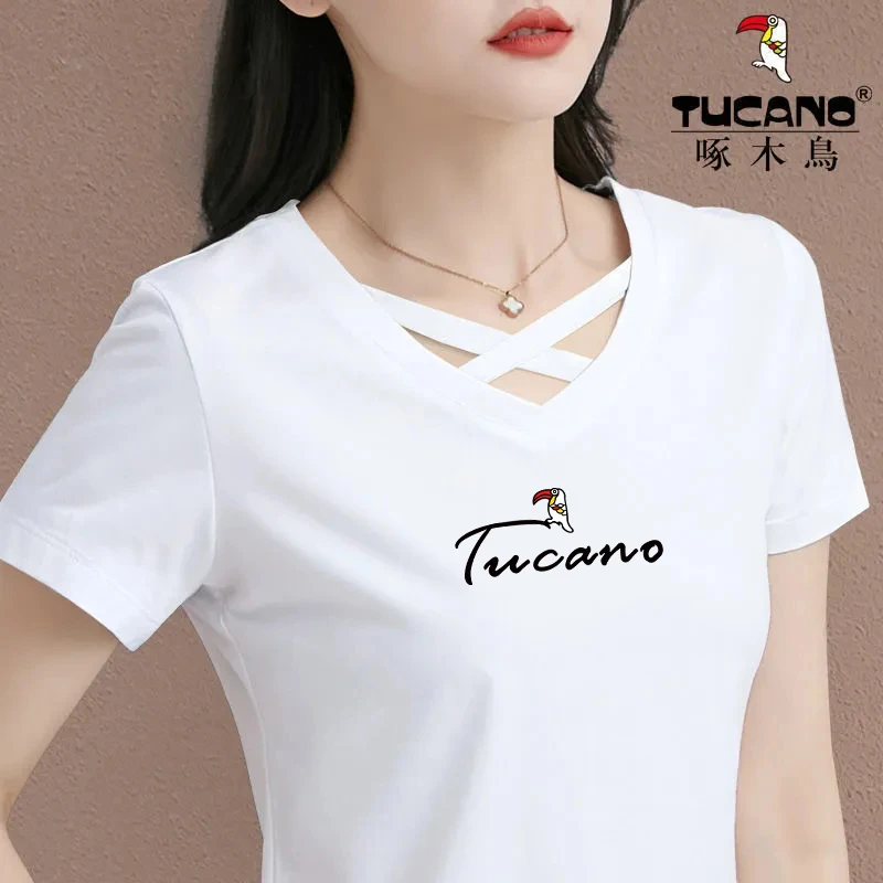啄木鸟官方正品2024年春夏季印花时尚百搭透气短袖V领镂空女上衣