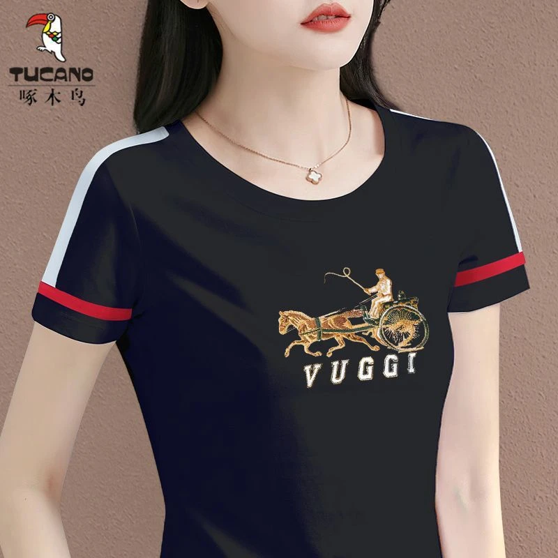 啄木鸟正品2023新款新款夏季女短袖上衣洋气显瘦圆领百搭拼色t恤