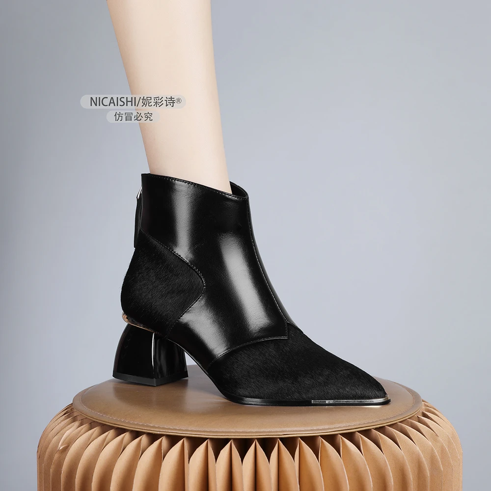 2024年新款欧美风气质简约通勤粗跟洋气短靴显瘦黑色时尚绒里0627