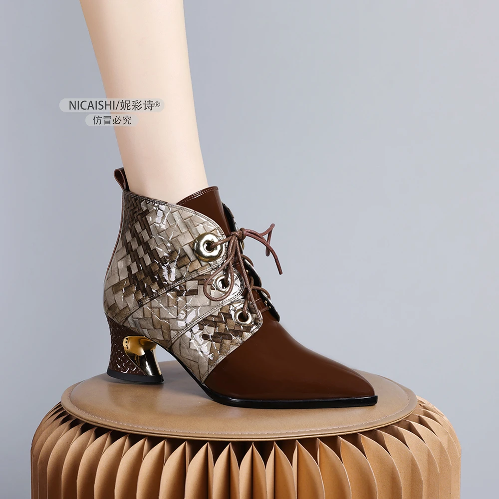 2024年新款欧美气质复古通勤系带粗跟软底舒适加绒尖头女短靴0347