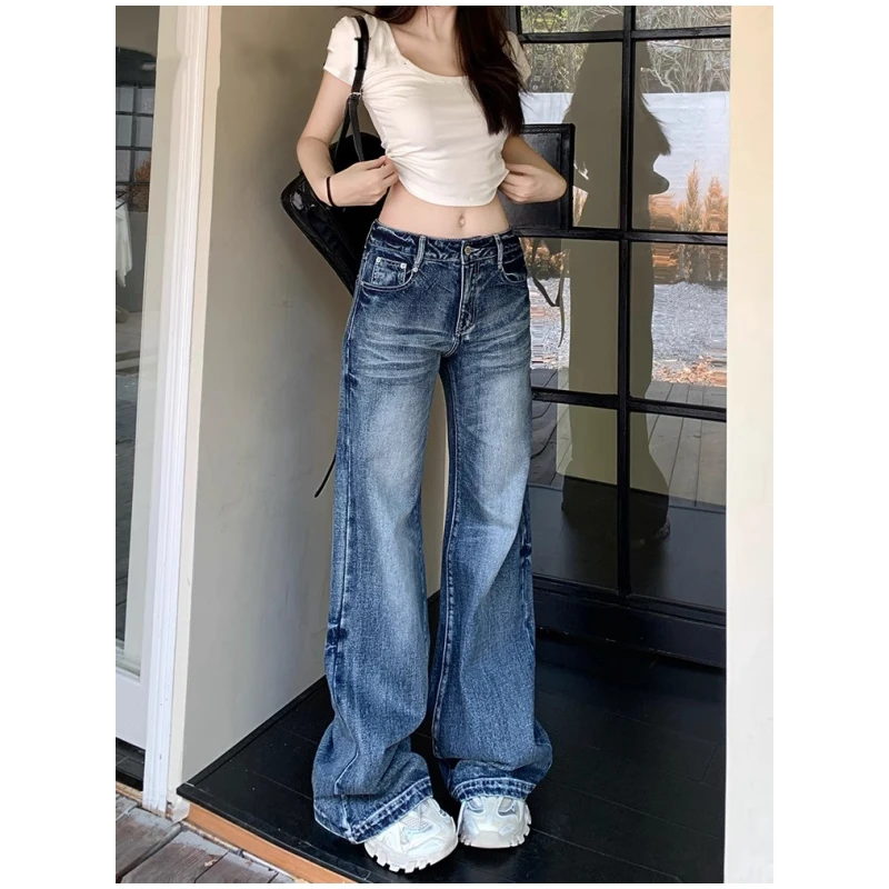 复古微喇牛仔裤女美式高街辣妹高腰宽松百搭直筒阔腿拖地喇叭裤子