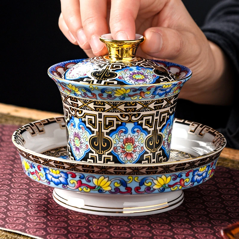 宫廷复古珐琅彩三才杯盖碗大号茶碗景德镇单个高端功夫泡茶杯茶具