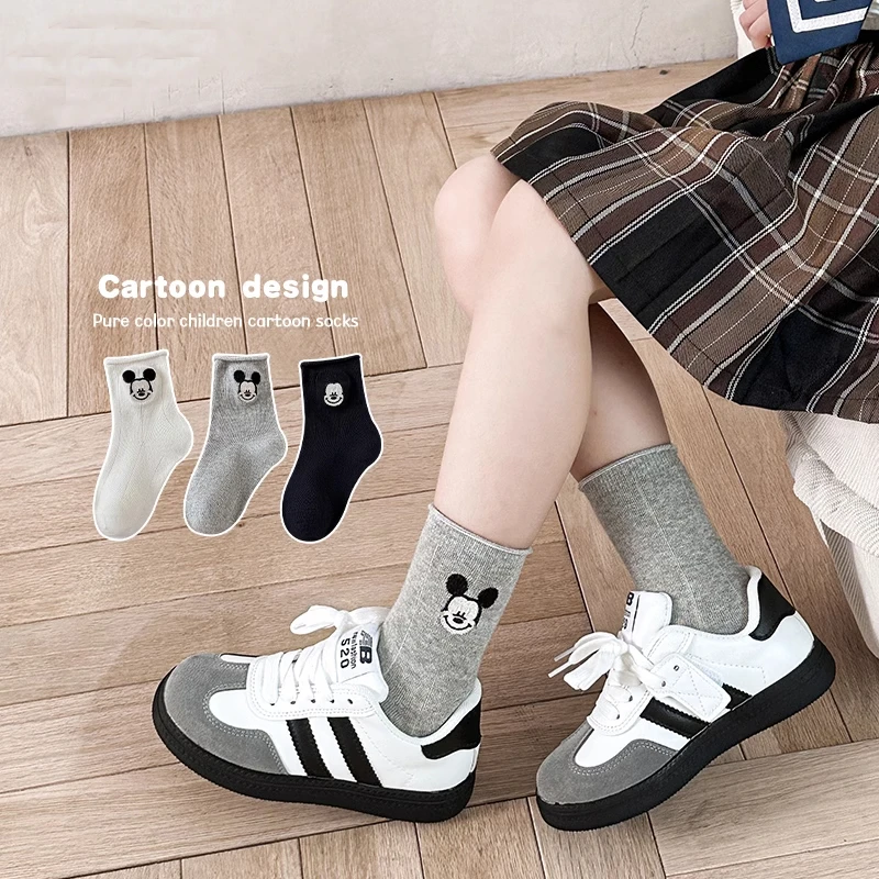 女童可爱米奇袜子秋季卡通韩版春秋棉袜女孩中筒日系灰色运动秋款