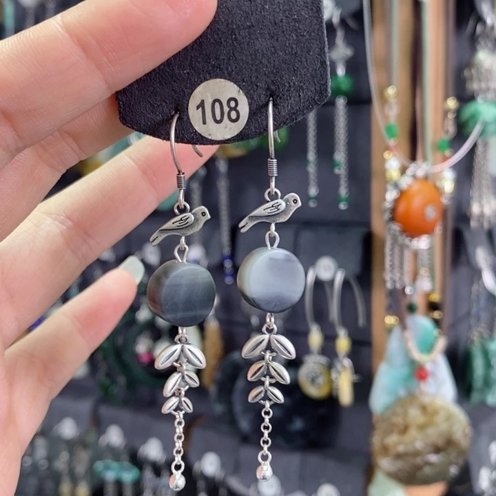 和田玉耳饰银S925镶嵌