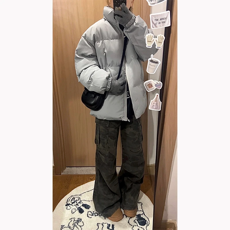 三防保暖灰立领棉服男女加厚冬季不臃肿棉衣高级感情侣纯色面包服