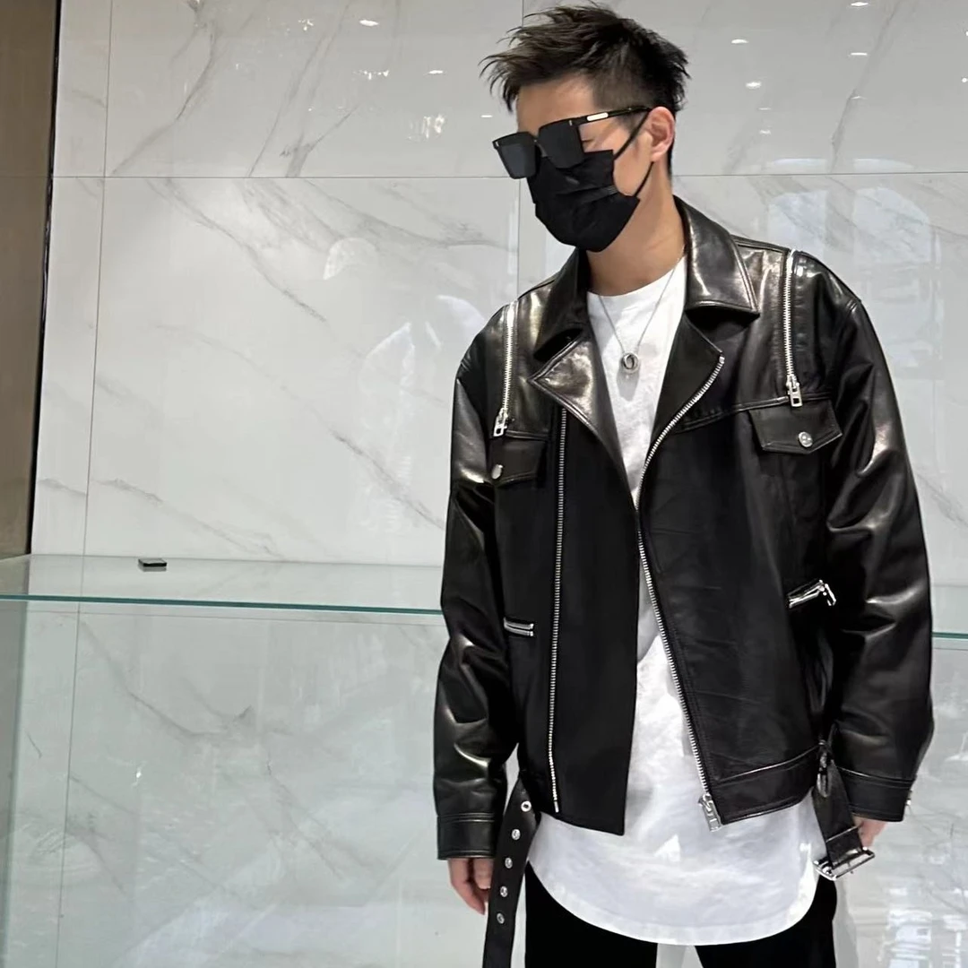 尚锋新款秋冬百搭拉链装饰真皮皮衣短款时尚翻领机车皮衣皮夹克