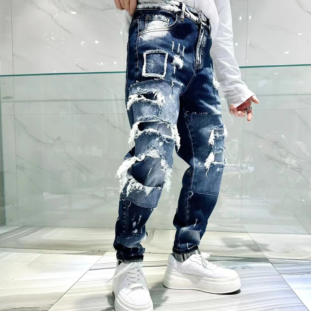 尚锋新款高街复古立体剪裁破坏划痕修身弹力小脚牛仔裤(FS007)