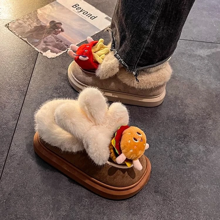 汉堡薯条毛绒绒雪地靴女2025秋冬外穿新款厚底增高保暖居家棉鞋潮