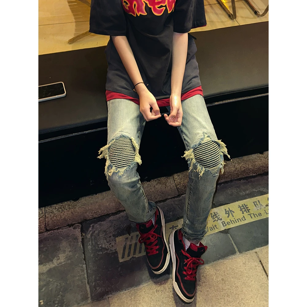 欧美高街复古fog风格潮流假破洞夏季小脚牛仔裤男女百搭修身长裤