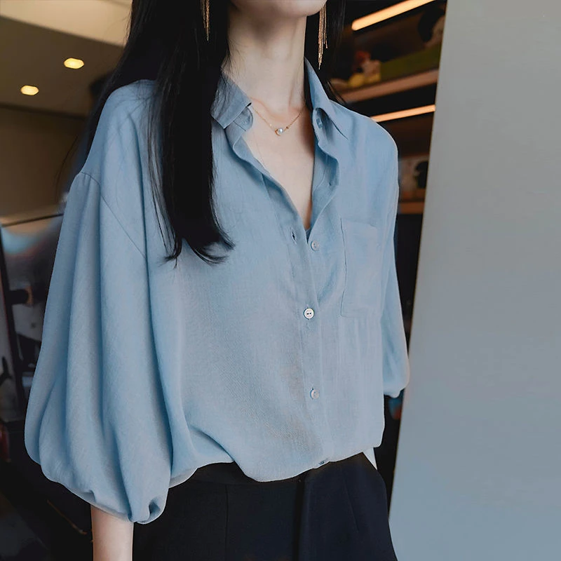 韩版宽松薄款显瘦衬衣纯色小众长袖休闲上衣女夏季灯笼袖衬衫女潮