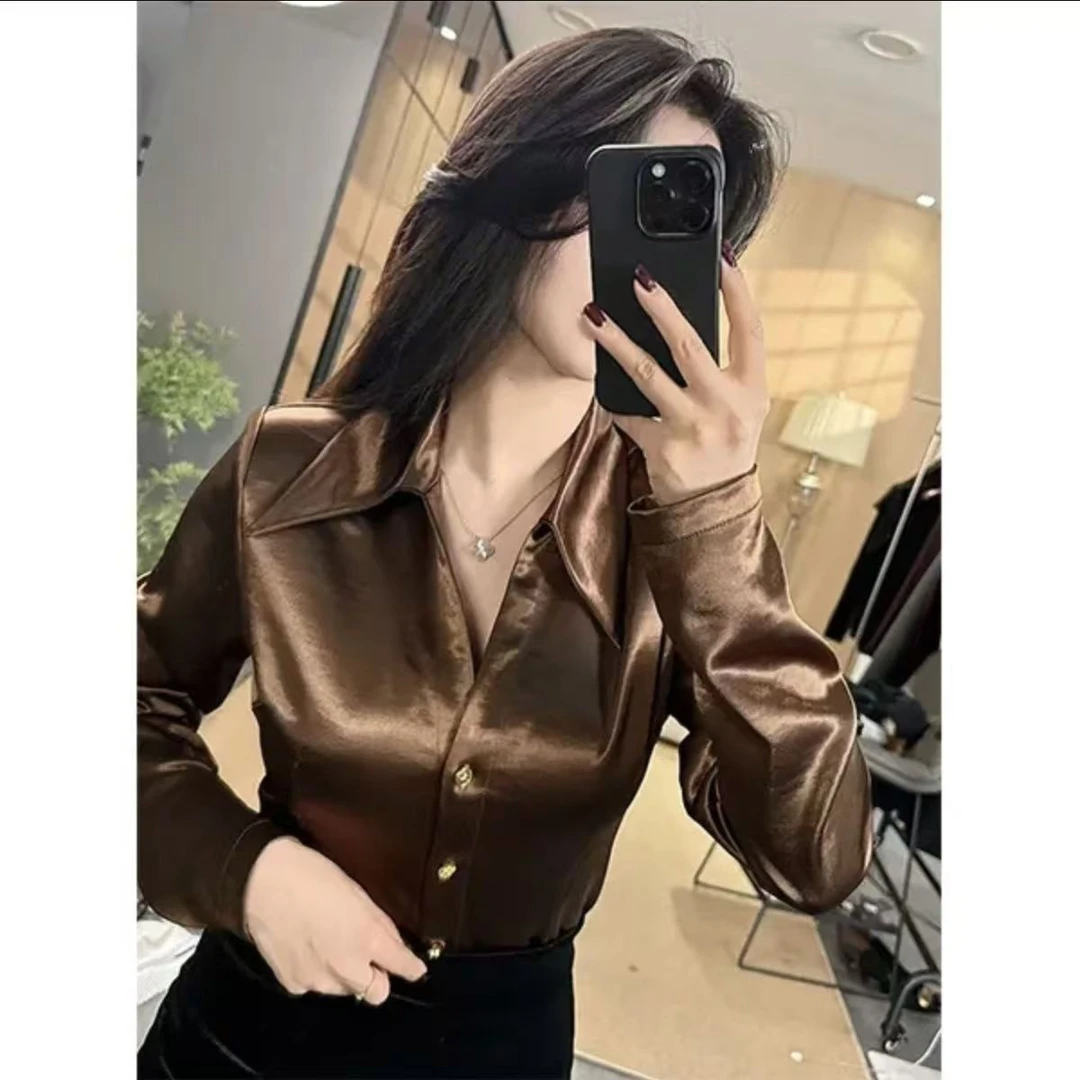 轻奢光泽感简约polo领衬衫女春秋精致减龄修身显瘦长袖V领上衣潮