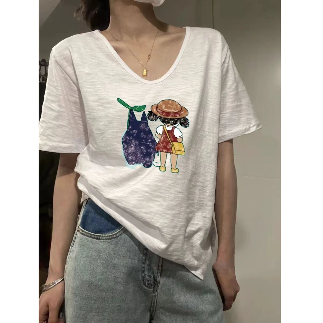 95棉2024夏季韩版新款竹节棉薄款短袖T恤女宽松V领体恤上衣女ins