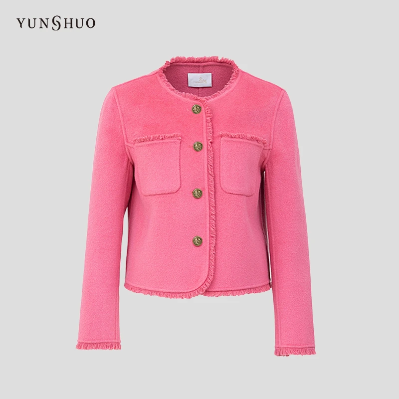 YUNSHUO短款大衣女时尚毛边百搭毛呢外套495019