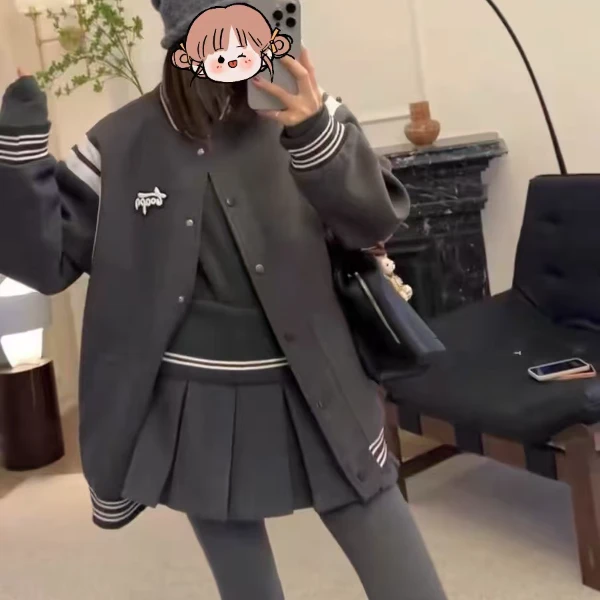 【无运险】秋冬新款大码女装美式宽松百搭休闲棒球服百褶半身裙