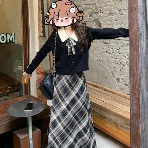 【无运险】秋季新款大码女装学院风娃娃领上衣格子半身裙（带胸针）