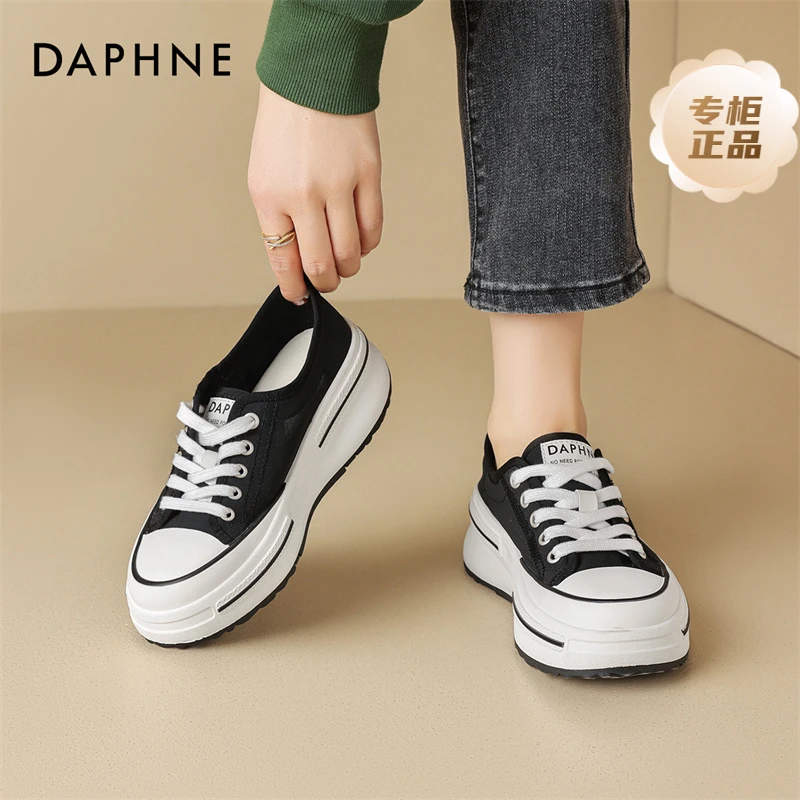 达芙妮厚底帆布鞋女2025春季爆款网面黑白运动透气时尚休闲外穿鞋