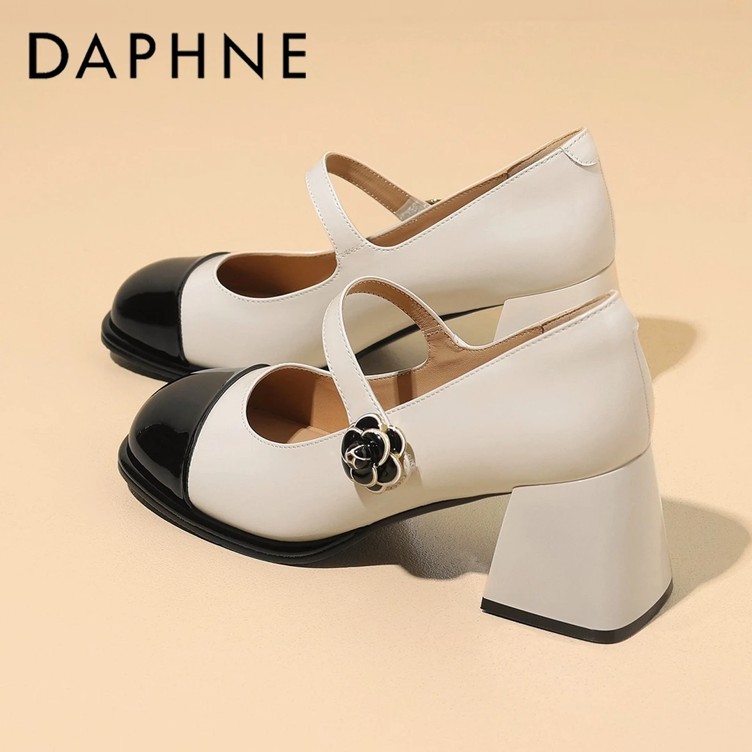 达芙妮玛丽珍鞋女2025年秋季新款法式复古粗跟黑白小香风高跟单鞋