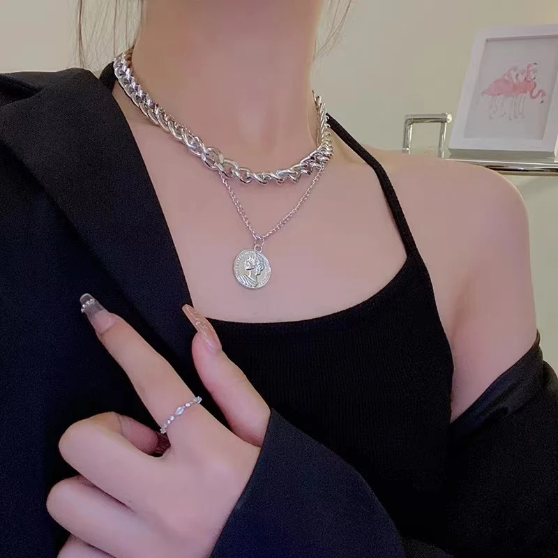 合金项链 X0443欧美复古吊坠项链女双层夸张个性链条嘻哈锁骨链
